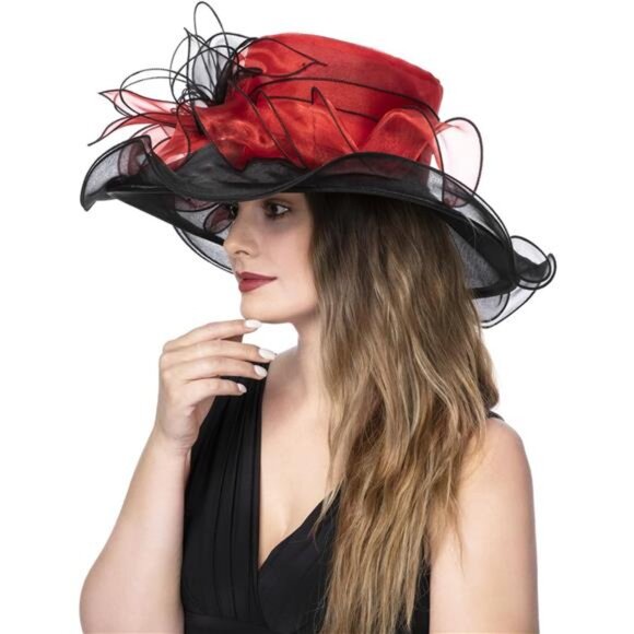Women's Organza Church Kentucky Derby Hat Red Black - Picture 5 of 5
